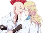  artist_name back bad_id bad_pixiv_id bald bazz-b bleach blonde_hair blue_eyes blush earrings fur_trim gloves green_eyes jewelry jugram_haschwalth long_hair male_focus mohawk multiple_boys necklace open_mouth red_hair ronisuke simple_background teeth upper_body white_background yaoi 