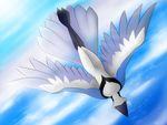  2012 anthro avian beak bird cloud corrvo day digital_media_(artwork) feathered_wings feathers female flying hi_res multicolored_feathers nude outside sea sky solo tail_feathers water winged_arms wings 