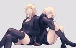  alternate_costume artoria_pendragon_(all) boots breasts fate/grand_order fate/stay_night fate_(series) highres jacket jeanne_d'arc_(alter)_(fate) jeanne_d'arc_(fate)_(all) kouzuki_kei looking_at_viewer medium_breasts multiple_girls ponytail saber_alter short_hair simple_background smile thighhighs wicked_dragon_witch_ver._shinjuku_1999 yellow_eyes 