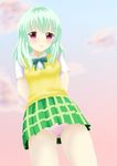  antenna_hair arms_behind_back bad_id bad_pixiv_id bangs blush bow bowtie closed_mouth cloud collared_shirt cowboy_shot day dutch_angle from_below gradient_sky green_bow green_hair green_neckwear legs_apart long_hair looking_at_viewer looking_down multicolored multicolored_clothes multicolored_skirt outdoors panties pantyshot pantyshot_(standing) pink_panties plaid plaid_skirt purple_eyes run_elsie_jewelria school_uniform shirt short_sleeves sinono skirt sky smile solo standing sweater_vest to_love-ru to_love-ru_darkness underwear vest white_shirt yellow_vest 