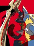  animal_ears bad_id bad_pixiv_id clenched_hand clenched_teeth cowboy_shot eye_contact face-to-face gen_4_pokemon gen_6_pokemon hand_up jkwaipa0926 looking_at_another lucario mega_lucario mega_pokemon no_humans pokemon pokemon_(creature) pokemon_(game) pokemon_xy red_background red_eyes simple_background sketch slit_pupils snout spikes sword sword_hilt teeth weapon 