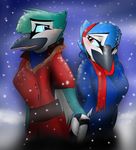  2013 anthro avian beak bird blue_eyes blue_sclera blush brown_eyes clothed clothing corrvo digital_media_(artwork) duo eye_contact feathered_wings feathers female hand_holding male multicolored_feathers outside scarf sky snow snowing standing winged_arms wings 