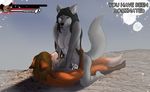  after_sex alfred_(umpherio) anthro breasts canine clothing cowgirl_position cum defeat duo female fox frederika_(nintendarkland) health_bar loincloth lying male male/female mammal on_top sex simple_background spent text umpherio wolf 