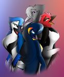  2011 absurd_res anthro avian beak bird blue_jay blue_sclera brown_eyes corrvo corvid digital_media_(artwork) feathered_wings feathers female fur gradient_background grey_feathers grey_fur group hi_res looking_at_viewer multicolored_feathers open_mouth orange_eyes penguin purple_eyes simple_background winged_arms wings 