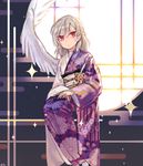  alternate_costume backlighting braid closed_mouth cloud colored_eyelashes egasumi expressionless feathered_wings floral_print french_braid hand_on_lap highres invisible_chair japanese_clothes kimono kishin_sagume long_sleeves looking_at_viewer obi own_hands_together red_eyes sash shan short_hair silver_hair single_wing sitting sparkle touhou white_wings wide_sleeves wings yukata 