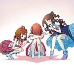  amami_haruka artist_request brown_hair commentary_request costume hair_ornament hair_ribbon hairclip idolmaster idolmaster_(classic) idolmaster_cinderella_girls idolmaster_million_live! kasuga_mirai multiple_girls one_side_up real_life ribbon scrunchie shimamura_uzuki short_hair sitting smile star!! 