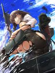  ass bike_shorts bow_(weapon) breasts brown_eyes brown_hair brown_legwear cameltoe cloud crossbow damaged day dirty_face explosion eyebrows_visible_through_hair fingernails flight_deck from_below hair_between_eyes headgear highres ipuu_(el-ane_koubou) kantai_collection one_eye_closed panties parted_lips remodel_(kantai_collection) rigging shirt short_hair skindentation sky small_breasts smoke smoke_trail solo splashing taihou_(kantai_collection) thighhighs torn_clothes underbust underwear weapon white_panties white_shirt 