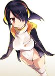  bangs black_hair blush breasts crotch drawstring emperor_penguin_(kemono_friends) eyelashes from_above grin hair_over_one_eye headphones highres hood hooded_jacket jacket kemono_friends large_breasts leotard long_sleeves looking_at_viewer looking_up multicolored_hair navel nuqura open_clothes open_jacket outline red_eyes shadow short_hair sidelocks simple_background smile socks solo streaked_hair teeth thighhighs tsurime turtleneck white_background white_leotard 