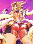  arched_back ass ass_focus bare_shoulders blush bodysuit brown_hair caffeccino closed_mouth commentary cowboy_shot elbow_gloves from_behind from_below gauntlets gloves hair_ornament headgear looking_at_viewer looking_back orange_eyes pov scarf senki_zesshou_symphogear shiny shiny_clothes shiny_hair shiny_skin short_hair skin_tight smile solo tachibana_hibiki_(symphogear) watermark web_address 
