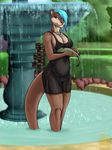  2015 anthro black_bottomwear black_clothing black_topwear blue_eyes blue_hair bouncyotter breasts brown_body brown_nose brown_tail cleavage clothed clothing countershading day digital_media_(artwork) dress duo female feral fish fountain fully_clothed fur grass hair hair_over_eye holding_character holding_object jewelry mammal marine multicolored_body mustelid nateday necklace nipple_bulge otter outside partially_submerged pendant short_dress solo_focus standing tan_body tan_fur water wet 