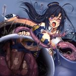  black_hair commentary_request frog glasses hat kono_subarashii_sekai_ni_shukufuku_wo! long_hair long_tongue monikano monster one_eye_closed open_mouth pantyhose purple_eyes sena_(konosuba) solo tentacles tongue torn_clothes torn_legwear vore 