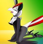  2013 abstract_background anthro avian beak bird breasts cleavage clothed clothing corrvo digital_media_(artwork) fake_ears feathers female footwear green_eyes hi_res high_heels kneeling looking_at_viewer multicolored_feathers open_mouth shoes simple_background solo tail_feathers 