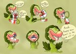  2017 ambiguous_gender anthro audrey_ii blush canine collar dialogue digital_media_(artwork) drooling duo english_text floppy_ears flora_fauna fur leaves lips little_shop_of_horrors mammal neck_bulge nude open_mouth oral_vore pawpads plant saliva sequence simple_background smile soft_vore standing swallowing teeth tentacles text tongue tongue_out vines vore vurren_(artist) 