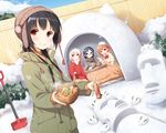  :d black_hair bowl brown_eyes brown_hair chopsticks coat commentary_request food glasses hair_ornament hairclip hat holding long_hair looking_at_viewer moai multiple_girls open_mouth original quinzhee senbei shovel smile snow snow_bunny snow_shelter waving winter_clothes winter_coat yume_no_owari 