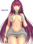  backless_dress backless_outfit blush bracelet breasts commentary_request cowboy_shot drawstring dress fate/grand_order fate_(series) highres jewelry kii_(theory) large_breasts long_hair looking_at_viewer meme_attire nail_polish naked_sweater navel nipple_slip nipples no_bra purple_eyes purple_hair scathach_(fate)_(all) scathach_(fate/grand_order) signature simple_background solo sweater turtleneck turtleneck_sweater very_long_hair virgin_killer_sweater wardrobe_error white_background 