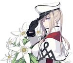  adjusting_clothes adjusting_hat black_gloves blonde_hair breasts capelet flower from_side gloves graf_zeppelin_(kantai_collection) hat jacket kantai_collection large_breasts lips long_hair long_sleeves looking_at_viewer peaked_cap plant purple_eyes rokuwata_tomoe simple_background smile solo twintails upper_body white_background white_hat white_jacket 