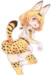  :d animal_ears bangs bare_shoulders blonde_hair blush commentary_request elbow_gloves extra_ears eyebrows_visible_through_hair from_side gloves hair_between_eyes kawata_hisashi kemono_friends looking_at_viewer looking_to_the_side open_mouth serval_(kemono_friends) serval_ears serval_tail short_hair simple_background skirt sleeveless smile solo tail thighhighs white_background yellow_eyes 