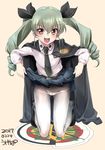  :d anchovy anzio_(emblem) anzio_school_uniform artist_name belt black_footwear black_skirt blush brown_eyes cape commentary_request dated dress_shirt drill_hair emblem full_body girls_und_panzer green_hair groin hair_ornament hair_ribbon kneeling lifted_by_self loafers long_hair long_sleeves looking_at_viewer miniskirt necktie open_mouth orange_background panties panties_under_pantyhose pantyhose pantyshot pantyshot_(kneeling) pleated_skirt ribbon school_uniform shirt shoes signature simple_background skirt skirt_lift smile solo tied_hair twin_drills twintails ugeppa underwear uniform v-shaped_eyebrows white_legwear white_shirt 