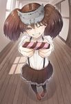  ;d bangs black_legwear brown_eyes brown_footwear brown_hair buttons chocolate_bar eyebrows_visible_through_hair fisheye full_body giving grin highres holding incoming_gift kantai_collection kneehighs loafers long_hair looking_at_viewer magatama one_eye_closed open_mouth pleated_skirt ryuujou_(kantai_collection) shoes skirt smile solo suspender_skirt suspenders twintails urigarasu valentine visor_cap wooden_floor 