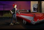  2013 anthro avian beak bel_air belt bird blue_eyes car chevrolet chicken clothed clothing corrvo detailed_background digital_media_(artwork) english_text feathers female hi_res jacket jeans night outside pants shirt solo standing tail_feathers text vehicle 