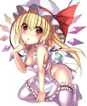  :o apron bangs blonde_hair breasts finger_to_mouth flandre_scarlet hat hat_ribbon heart heart-shaped_pupils highres janne_cherry kneeling long_hair looking_at_viewer md5_mismatch mob_cap naked_apron red_eyes red_ribbon ribbon side_ponytail simple_background small_breasts solo symbol-shaped_pupils thighhighs touhou white_background white_legwear wings 