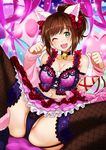  akai_kagerou animal_ears black_legwear breasts brown_hair cat_ears check_commentary choker cleavage commentary_request fang fishnet_legwear fishnets garter_straps idolmaster idolmaster_cinderella_girls idolmaster_cinderella_girls_starlight_stage large_breasts long_hair maekawa_miku navel one_eye_closed open_mouth panties paw_pose ponytail ribbon solo spread_legs thighhighs underwear 