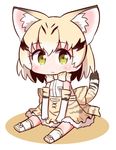  :&lt; animal_ears bare_shoulders between_legs blonde_hair blush bow bowtie cat_ears cat_girl cat_tail chibi closed_mouth cross-laced_clothes elbow_gloves expressionless eyebrows_visible_through_hair frilled_skirt frills full_body gloves hand_between_legs kemono_friends looking_at_viewer multicolored_hair naga_u pocket ribbon sand_cat_(kemono_friends) sanpaku shadow shirt shoe_ribbon short_hair simple_background sitting skirt sleeveless sleeveless_shirt socks solo streaked_hair striped striped_tail tail tareme white_background white_shirt yellow_eyes 