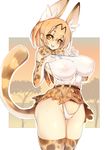 :3 animal_ear_fluff animal_ears animal_print bare_shoulders blonde_hair breasts brown_eyes cat_ears cat_tail covered_nipples extra_ears fang highres huge_breasts kemono_friends looking_at_viewer print_legwear see-through serval_(kemono_friends) serval_ears serval_print serval_tail short_hair slugbox solo tail thick_thighs thighs 