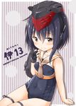  arm_support asymmetrical_hair bare_arms black_hair blush brown_eyes character_name fingerless_gloves gloves hair_between_eyes hand_on_own_shoulder hat headphones i-13_(kantai_collection) kantai_collection looking_at_viewer neckerchief parted_lips school_swimsuit short_hair single_glove skindentation solo striped striped_background swimsuit thigh_strap tobi_(nekomata_homara) 