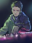  black_hair commentary_request dark dj forehead grey_eyes headphones headphones_around_neck hood hood_down hooded_jacket indoors instrument jacket long_sleeves male_focus megane_(artist) music neon_lights open_clothes open_jacket otabek_altin phonograph playing_instrument sanpaku serious solo turntable undercut yuri!!!_on_ice 