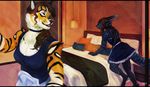  2016 4_ears andy_(korozjin) anthro bed bed_covers bedding bedroom black_fur black_horn black_nose black_scales black_stripes black_tail blue_horn blue_scales blue_stripes blue_tail brown_hair clothed clothing detailed_background digital_media_(artwork) digital_painting_(artwork) dragon duo ear_piercing eyes_closed facial_piercing feline female fur hair horn inside lamp leaning leaning_forward letterbox long_hair maid_uniform mammal multi_ear multicolored_fur nightstand nose_piercing oouna orange_fur perspective piercing pillow scales scalie signature skirt smile standing striped_fur striped_scales striped_tail stripes tiger two_tone_horn two_tone_tail uchoa uniform whiskers white_fur 