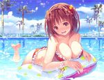  1girl bare_shoulders breasts brown_eyes brown_hair cleavage female large_breasts looking_at_viewer mana_kakkowarai open_mouth original outdoors smile solo swimsuit water 
