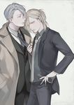  blazer blonde_hair blue_eyes coat formal green_eyes hair_over_one_eye half_updo hand_in_pocket hand_on_hip jacket male_focus megane_(artist) multiple_boys necktie necktie_grab neckwear_grab silver_hair smile suit viktor_nikiforov yuri!!!_on_ice yuri_plisetsky 