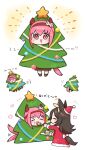  &gt;_&lt; 2girls =3 =_= afterimage animal_ears bangs brown_hair cake chibi christmas_tree_costume dress ear_covers feeding food food_on_face fork gohan_(horth-waribasi) hairband haru_urara_(umamusume) heart highres holding holding_fork holding_plate horse_ears horse_girl horse_tail multiple_girls notice_lines open_mouth pink_eyes pink_hair plate red_dress rice_shower_(umamusume) running santa_costume short_hair solo_focus speed_lines tail tail_wagging translation_request umamusume 