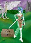  anthro aventis_vixxx big_breasts bracelet breasts canine clothing dragon dress female forest fox jewelry mammal melee_weapon mountain necklace outside reptile scalie solo sword tree weapon 