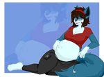  belly big_belly big_breasts big_ears blue_fur breasts brown_hair canine clothing eyewear female fur glasses hair heterochromia kammymau mammal open_mouth pants phone plantigrade pregnant solo thick_thighs wolf 