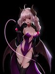  ahoge artist_request black_background black_legwear blonde_hair braid breasts cape cleavage demon_girl demon_horns demon_wings dungeon_and_fighter facepaint horns leotard medium_breasts nyarly_the_forbidden pointy_ears purple_leotard red_eyes simple_background solo spiked_gauntlets tattoo thigh_gap twin_braids whip wings 