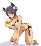  alcohol anklet arm_support ass beer beer_mug bikini breasts collarbone cup eyepatch grin halterneck headgear holding holding_cup jewelry kantai_collection kneeling large_breasts looking_at_viewer navel necktie panties purple_hair sandals shadow short_hair simple_background smile solo swimsuit tenryuu_(kantai_collection) tokiwa_midori_(kyokutou_funamushi) underwear white_background white_bikini white_panties yellow_eyes 