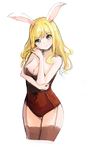  animal_ears bare_shoulders blonde_hair blue_eyes breasts broche_(timpet) bunny_ears cleavage large_breasts simple_background smile solo white_background 