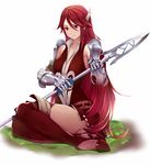  &gt;:) armpit_peek boots breasts closed_mouth collarbone dress fire_emblem fire_emblem:_kakusei gauntlets hair_between_eyes head_wings highres holding holding_weapon knee_boots long_hair medium_breasts pak_ce polearm red_dress red_eyes red_footwear red_hair red_legwear sitting smile solo spear tiamo v-shaped_eyebrows very_long_hair weapon yokozuwari 