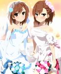  alternate_costume angry arm_support bangs blue_dress blue_gloves blue_wedding_dress blush bouquet breasts bridal_veil brown_eyes brown_hair cleavage closed_mouth dress elbow_gloves empty_eyes flower frown gloves hair_flower hair_ornament highres holding jewelry medium_breasts misaka_imouto misaka_mikoto momoiro_tanuki multiple_girls necklace rose siblings side-by-side sisters sitting strapless strapless_dress to_aru_kagaku_no_railgun to_aru_majutsu_no_index veil wedding_dress white_dress 