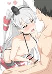  1girl amatsukaze_(kantai_collection) ass blush breasts brown_eyes cocona fang hair_ornament hair_tubes handjob hetero kantai_collection nipples nude open_mouth penis small_breasts striped striped_legwear thighhighs two_side_up white_hair 