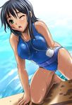  1girl bare_legs bare_shoulders black_hair blush breasts covered_navel crotch diana_rial digdug006 green_eyes long_hair one-piece_swimsuit open_mouth pool solo swimsuit water wet wrestle_angels wrestle_angels_survivor 