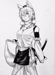  adapted_costume animal_ears bangs breasts bridal_gauntlets cowboy_shot detached_sleeves fangs_out greyscale hair_between_eyes hair_over_one_eye hakama_pants hat highres hip_vent inubashiri_momiji large_breasts looking_at_viewer monochrome ozma_(yozakura) pom_pom_(clothes) sheath sheathed short_hair slit_pupils solo tail tokin_hat touhou traditional_media turtleneck wide_sleeves wolf_ears wolf_tail 