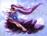  1girl absurdly_long_hair armband artist_name asterios_(fate/grand_order) aureolin31 bangs bare_shoulders bead_bracelet beads bracelet commentary_request crystal_ball cuffs dress euryale expressionless fate/grand_order fate/hollow_ataraxia fate_(series) floating_hair flower flying full_body hair_flower hair_ornament hair_over_one_eye hairband head_rest highres holding holding_weapon horns jewelry light light_rays lolita_hairband long_hair looking_at_viewer looking_to_the_side muscle open_mouth petals purple_dress purple_eyes purple_hair red_eyes ring shackles shirtless shoes sleeveless sleeveless_dress sphere star thigh_strap twintails very_long_hair weapon white_footwear white_hair wind 