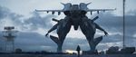  absurdres airplane_wing artist_name cloud commentary dofresh highres jacket mecha missile missile_pod number original outdoors pants radar_dish radio_antenna sky standing sunset 