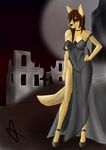 anthro aventis_vixxx breasts canine choker city clothing dress ear_piercing female footwear high_heels loose_clothing mammal moon night outside piercing red_eyes ruins shoes solo wolf 