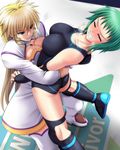  2girls ass bare_shoulders bearhug beauty_ichigaya blonde_hair blush boots breasts breath center_opening cleavage digdug006 drill_hair elbow_pads female fingerless_gloves gloves green_hair knee_pads kotobuki_zero leotard lifting_person long_hair multiple_girls ryona short_hair shoulder_pads sweat thigh_boots thighhighs thong_leotard violence wrestle_angels wrestle_angels_survivor wrestle_angels_survivor_2 wrestling wrestling_outfit 