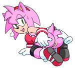  amy_rose anthro anus breasts butt clothed clothing disembodied_hand duo female hand_on_butt hedgehog mammal open_mouth pussy pussy_juice simple_background solo_focus sonic_(series) sweat watatanza watatanza_(pixiv) 