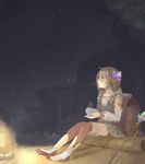  armband atelier_(series) atelier_firis backpack bag blush boots braid brown_hair campfire circlet collarbone commentary_request crystal cup detached_sleeves firis_mistlud frilled_shirt frills green_eyes hair_over_shoulder holding holding_cup hood hood_down log long_sleeves looking_afar night night_sky ojiki pleated_skirt puffy_long_sleeves puffy_sleeves shirt shorts shorts_under_skirt single_braid sitting sitting_on_object skirt sky sleeveless smoke solo staff star_(sky) starry_sky steam 